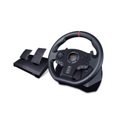 High-quality racing wheel with pedals for enhanced driving simulation experience. Perfect for racing game enthusiasts and professional drivers seeking realistic steering control.