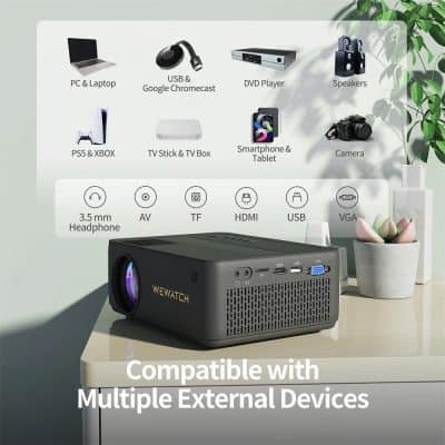 High-quality portable projector compatible with multiple external devices like PC, TVStick, tablets, and gaming consoles for versatile entertainment and presentations.