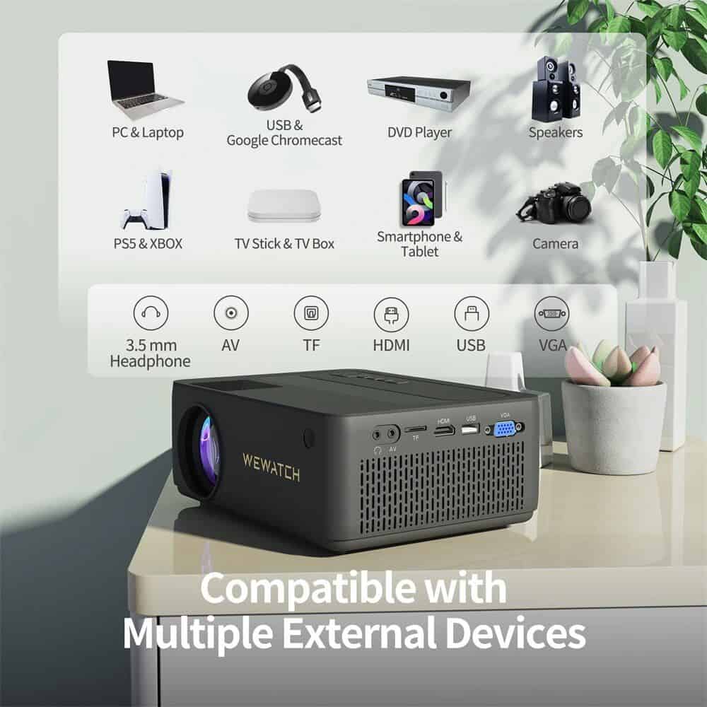 High-quality portable projector compatible with multiple external devices like PC, TVStick, tablets, and gaming consoles for versatile entertainment and presentations.