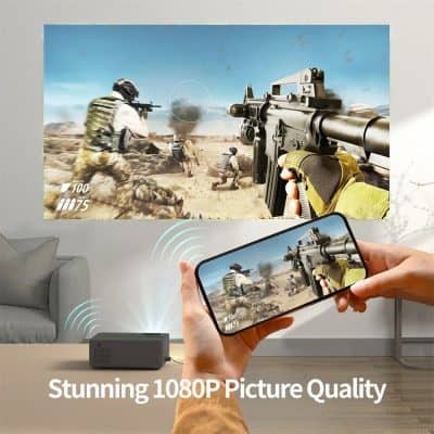High-quality gaming projector for intense action scenes, with seamless smartphone connectivity, 1080p resolution, and vivid visuals perfect for gaming enthusiasts.