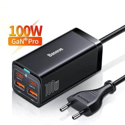 High-speed 100W GaN charger with multiple USB-C and USB-A ports for fast device charging. Compact design, compatible with smartphones, tablets, and laptops. Perfect for efficient power delivery.