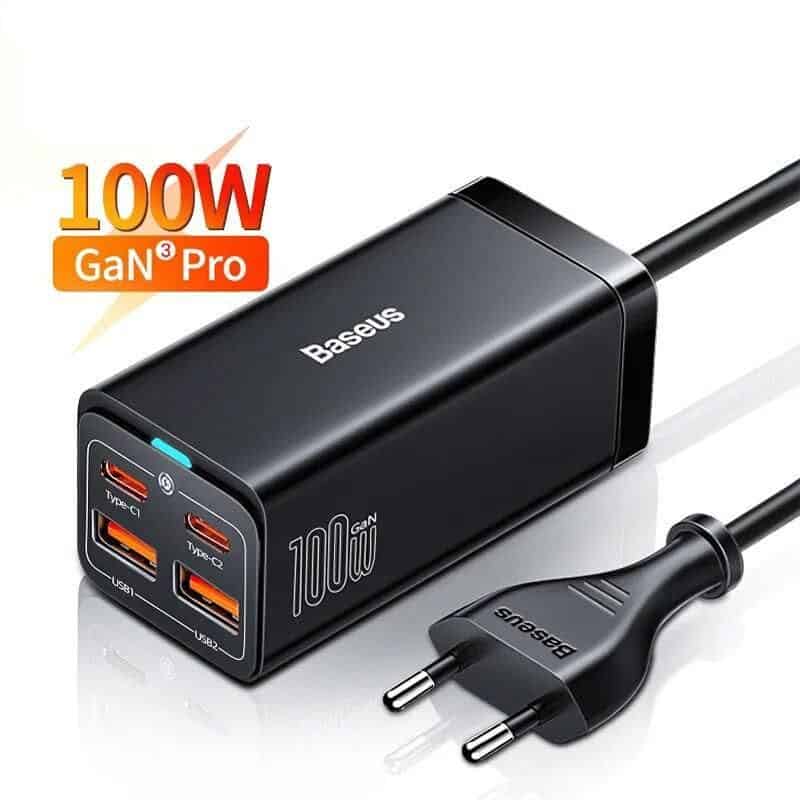 High-speed 100W GaN charger with multiple USB-C and USB-A ports for fast device charging. Compact design, compatible with smartphones, tablets, and laptops. Perfect for efficient power delivery.