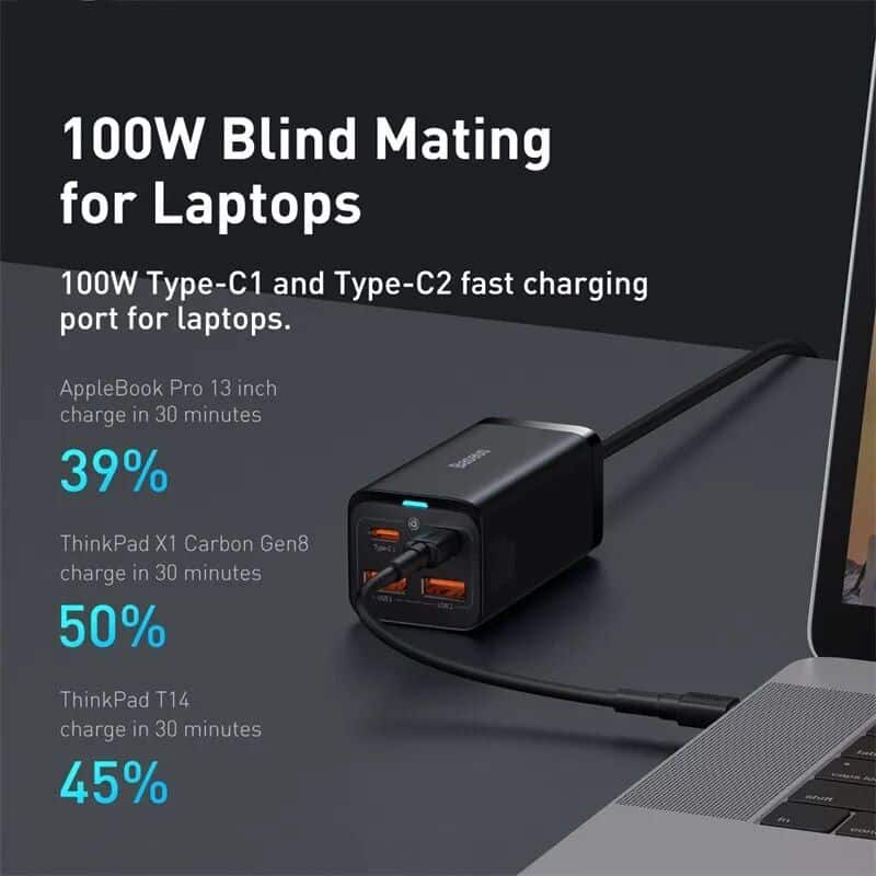 High-speed 100W laptop charging station for MacBook, ThinkPad, and more, with multiple USB ports for fast device charging and convenience.