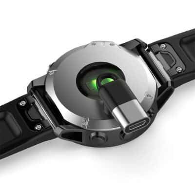 Close-up of a modern digital smartwatch featuring a built-in scanner and sleek design, emphasizing advanced wearable technology for health and fitness monitoring.