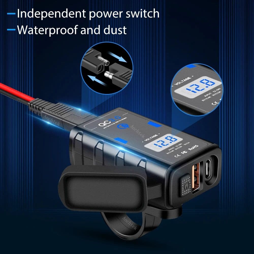 Digital automotive power testing device for car batteries and electrical systems. Waterproof, dustproof, with independent power switch, ideal for vehicle maintenance and diagnostics.