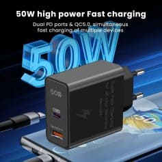 High-power fast charging USB-C wall charger for quick device power-up. Suitable for smartphones, tablets, and electronic devices needing USB-C or USB-A charging. Compatible with various electronic gadgets.