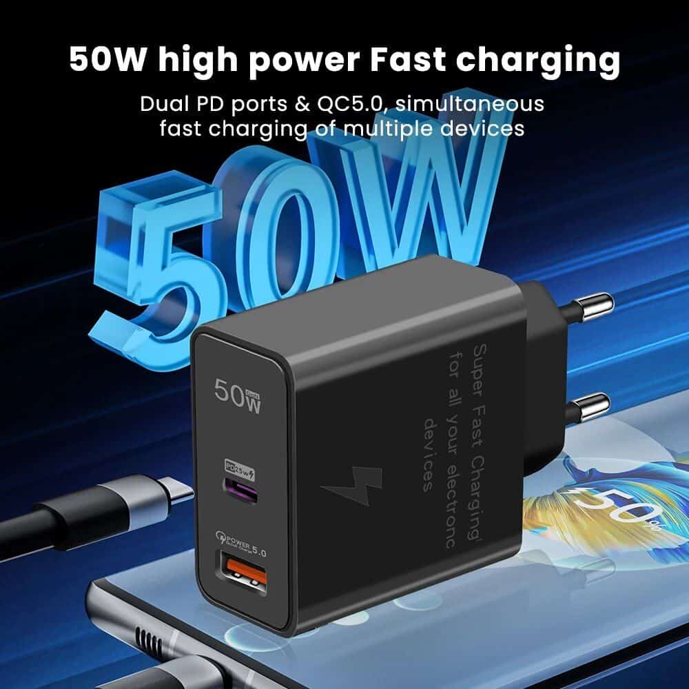 High-power fast charging USB-C wall charger for quick device power-up. Suitable for smartphones, tablets, and electronic devices needing USB-C or USB-A charging. Compatible with various electronic gadgets.