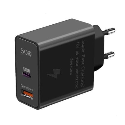 Compact fast charging power adapter for electronic devices, 50W, with USB ports.
