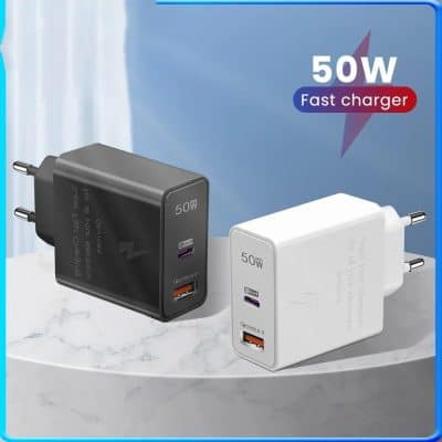 Compact 50W USB-C wall charger, compatible with multiple devices for fast charging at Monalisa Store, designed for efficient charging solutions.