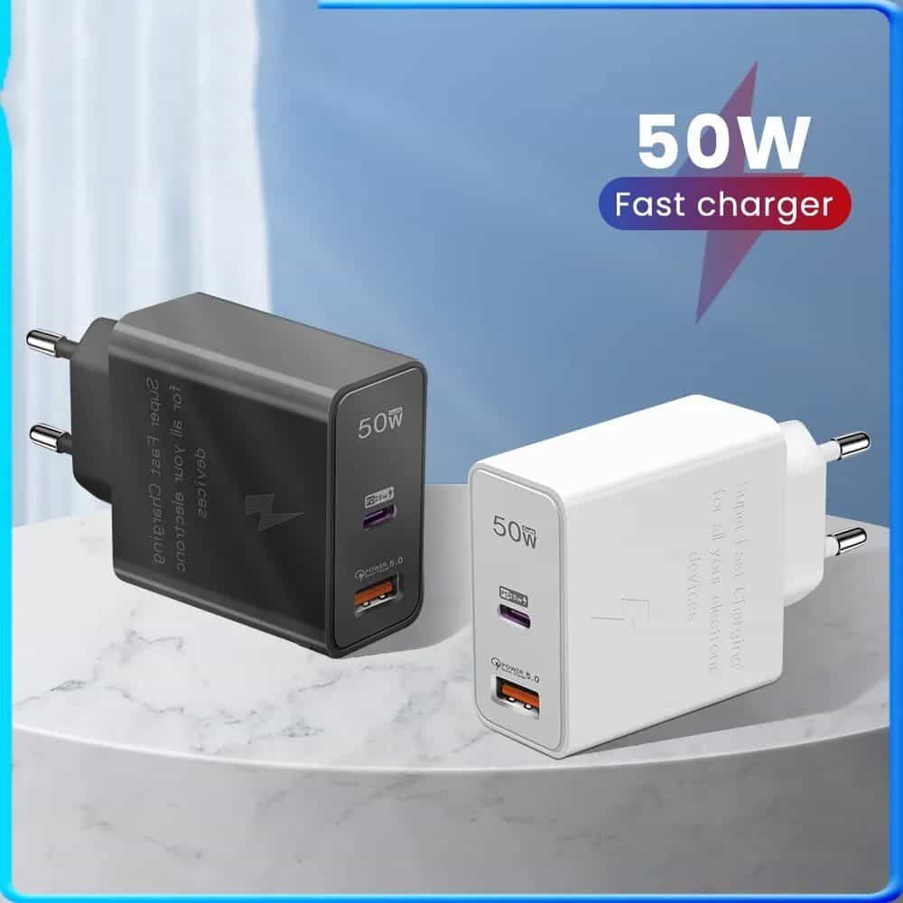 Compact 50W USB-C wall charger, compatible with multiple devices for fast charging at Monalisa Store, designed for efficient charging solutions.