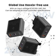 High-speed USB-C wall charger with PD 50W, compatible with global voltage standards, ideal for smartphones, tablets, and more. Compact design for travel convenience.