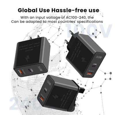 High-speed USB-C wall charger with PD 50W, compatible with global voltage standards, ideal for smartphones, tablets, and more. Compact design for travel convenience.