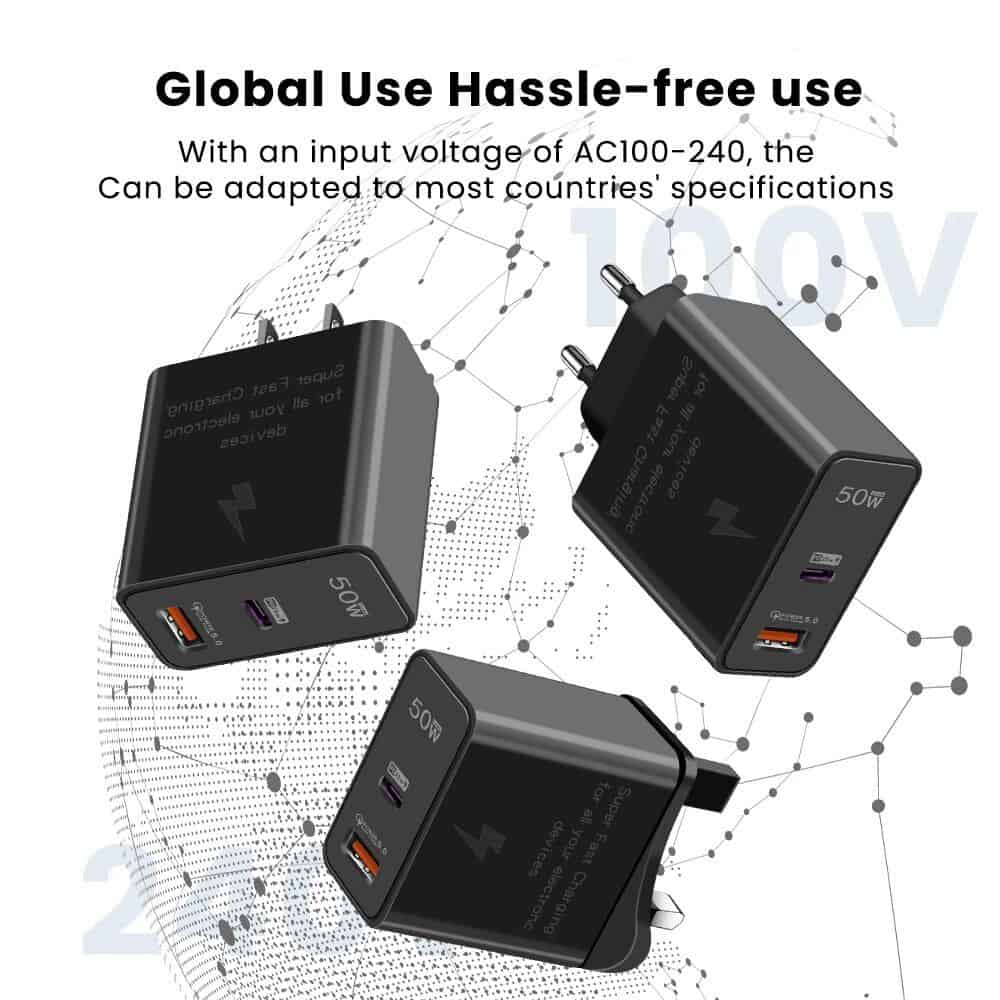 High-speed USB-C wall charger with PD 50W, compatible with global voltage standards, ideal for smartphones, tablets, and more. Compact design for travel convenience.