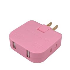 Pink USB wall charger with dual fast-charging ports, compatible with smartphones, tablets, and other electronics. Compact design ideal for travel and everyday use.