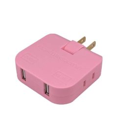Pink dual USB power adapter with folding plug for fast charging and data sync. Perfect for mobile devices, smartphones, and tablets. Compact and stylish design for on-the-go use.