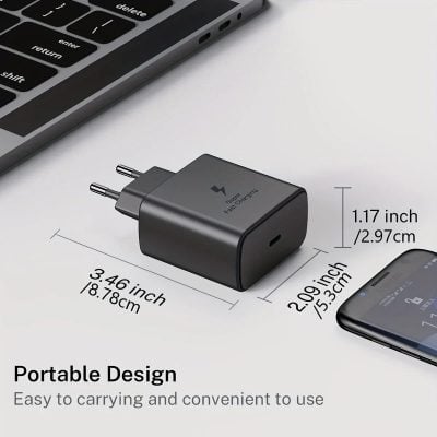 Compact charging adapter for optical devices and optometry equipment. Small and portable, measuring 3.46 inches (8.78 cm) in length, 2.09 inches (5.3 cm) in width, and 1.17 inches (2.97 cm) in height.