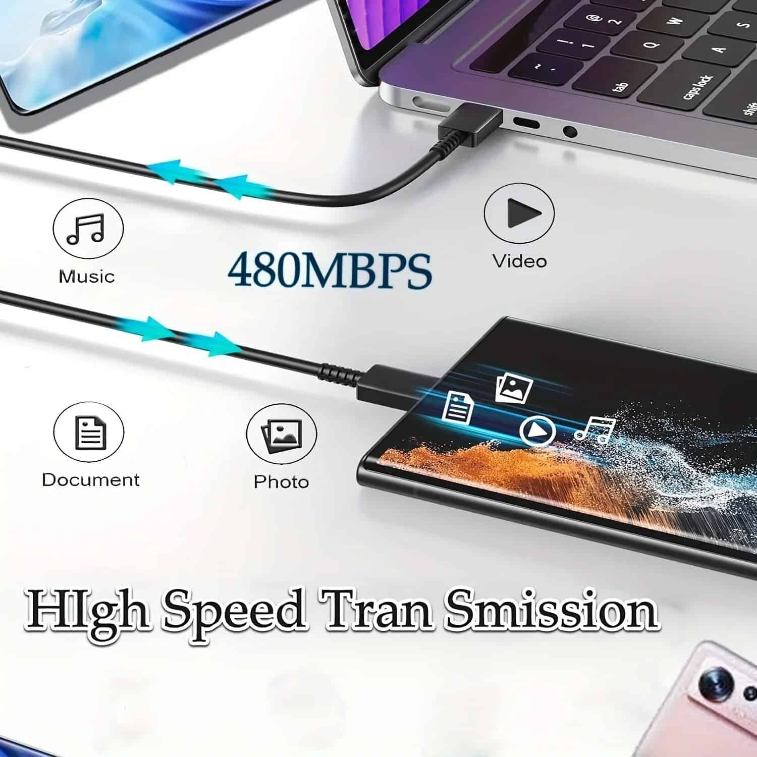 Fast 480Mbps USB data transmission for smartphones, tablets, and cameras.