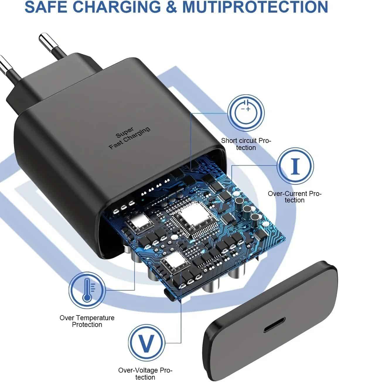 Image of a black charger showcasing short circuit, over-current, over-temperature, and over-voltage protections for safe charging.