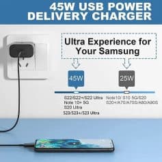 Efficient 45W USB power delivery charger compatible with Samsung and other smartphones, ensuring fast, reliable charging for your optical devices and mobile accessories.