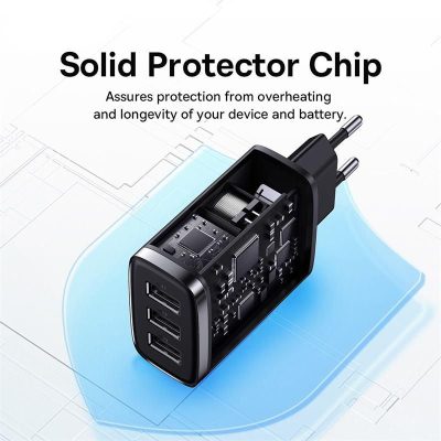 High-speed charging device with multiple USB ports and solid protector chip for overheating and battery protection. Perfect for ensuring safety and efficiency for your electronic gadgets.