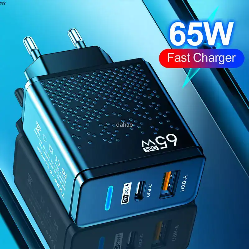 High-speed 65W fast charger for smartphones and devices, compatible with various models, with USB-C port for quick power delivery and efficient charging solutions.