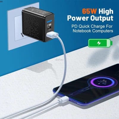 High-speed 65W USB-C PD fast charger for smartphones, tablets, and notebooks, ideal for quick power top-ups and efficient device charging.