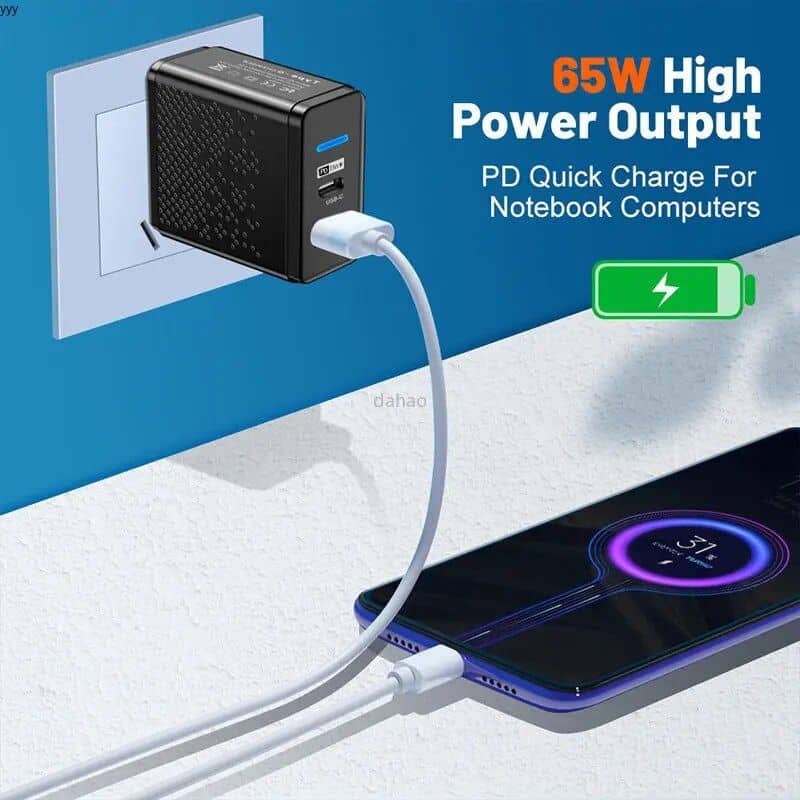 High-speed 65W USB-C PD fast charger for smartphones, tablets, and notebooks, ideal for quick power top-ups and efficient device charging.