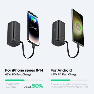 Fast wireless charger for iPhone 8-14 and Android devices, 45W PD fast charging support, efficient power delivery, quick battery top-up, compatible with latest smartphones.