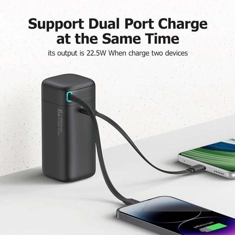 Portable dual USB power bank for smartphones and tablets, fast charging with 22.5W output, lightweight design, compatible with all devices, perfect for travel and daily use.