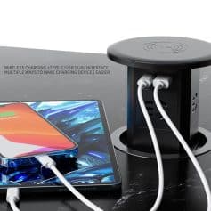Alt text: Modern wireless charging pad with a smartphone connected, highlighting fast charging and dual USB ports for convenient device power, ideal for tech-savvy users.