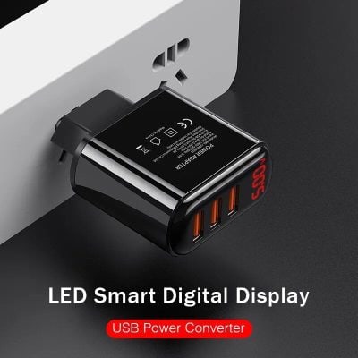 Compact USB power adapter with LED smart digital display and multiple charging ports suitable for smartphones, tablets, and electronic devices.