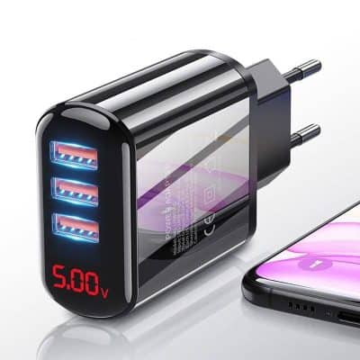 Highly efficient portable USB charging adapter with multiple USB ports, digital voltage display, and fast charging capability, ideal for smartphones and tablets.