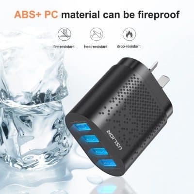 High-quality black USB wall charger with blue indicators, showcasing durability and compatibility for tech accessories.