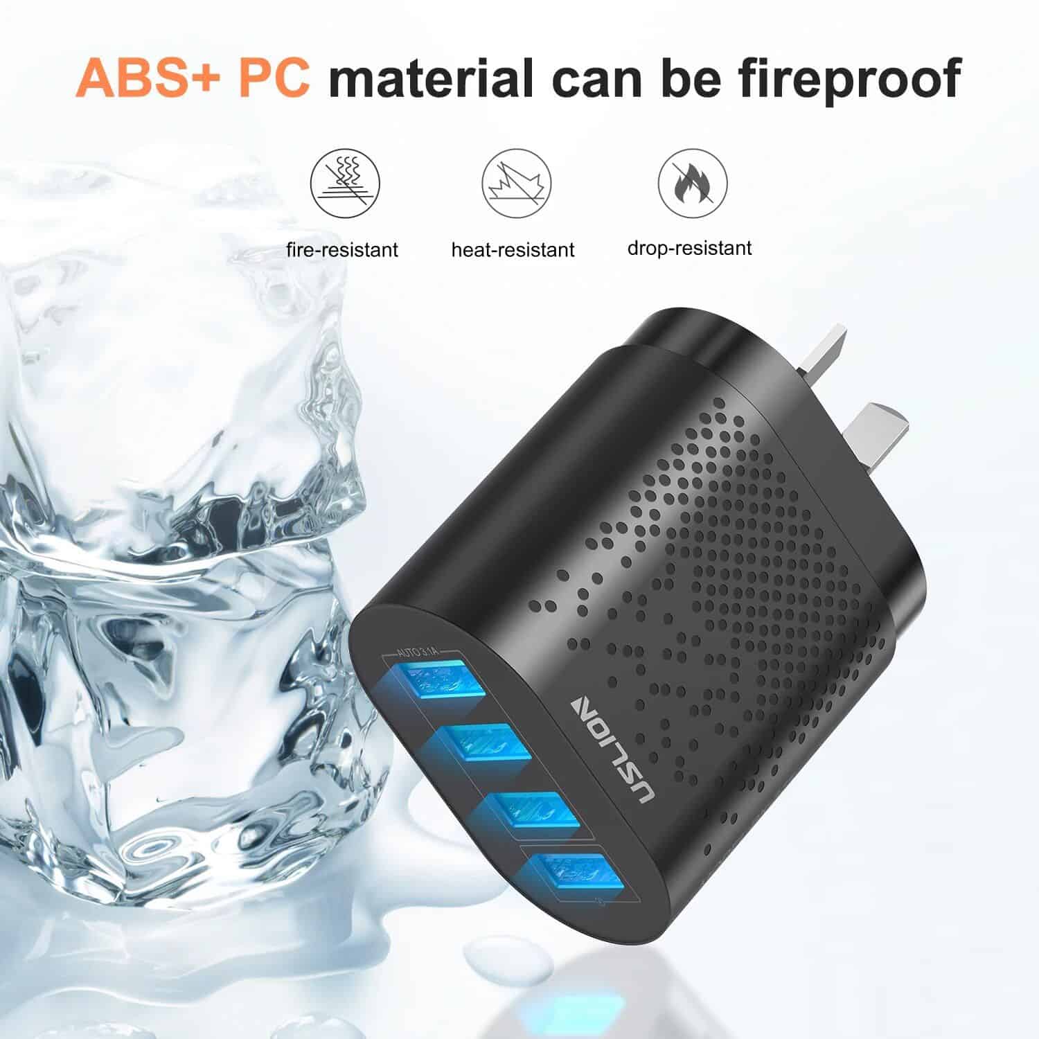 High-quality black USB wall charger with blue indicators, showcasing durability and compatibility for tech accessories.