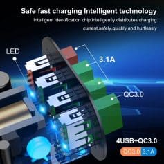 High-quality image of fast charging technology with USB and QC3.0 ports, showcasing intelligent power distribution, ideal for opt devices and medical equipment.