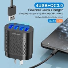 High-speed 4USB QC3.0 fast charger, compatible with various devices, featuring intelligent current distribution, perfect for medical and professional use.
