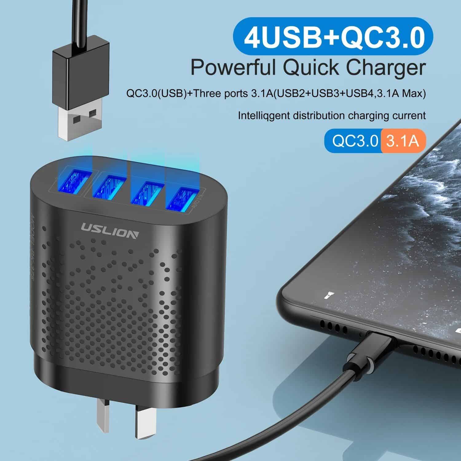 High-speed 4USB QC3.0 fast charger, compatible with various devices, featuring intelligent current distribution, perfect for medical and professional use.