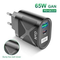 Efficient 65W GAN USB wall charger with PD and QC3.0 quick charge for fast, safe device power-up. Compact design, sleek black finish, ideal for smartphones, tablets, and more.