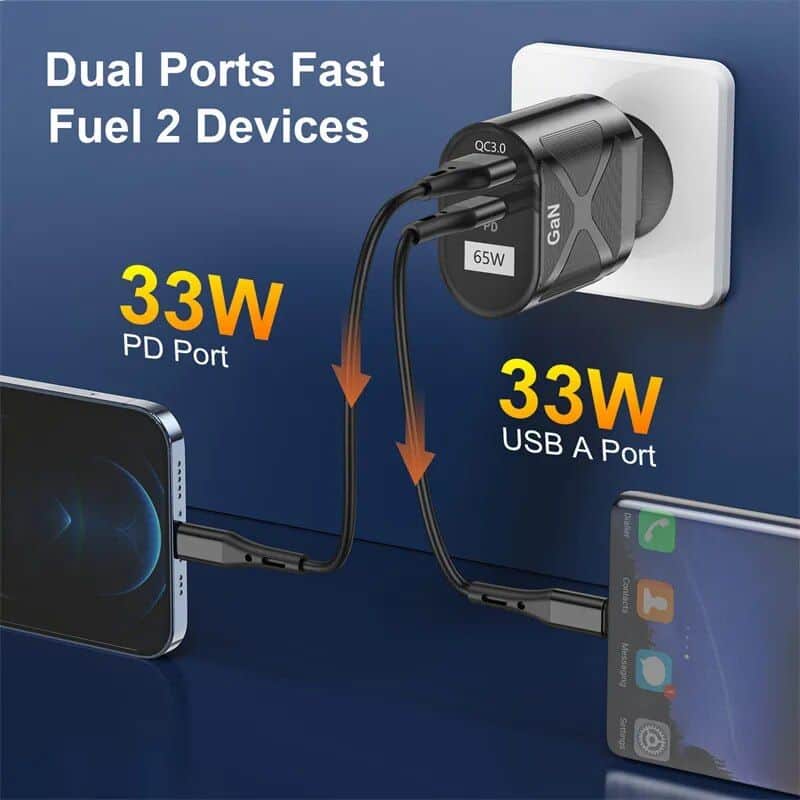 Efficient dual ports for fast charging of smartphones and devices, featuring 33W Power Delivery and USB A port, ideal for optimizing connectivity and charging speed.