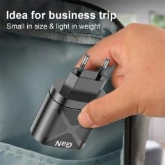 Portable travel power adapter with universal plug for charging devices on the go.