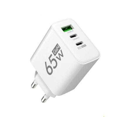 High-speed 65W USB-C & USB-A power adapter for fast charging devices. Compatible with smartphones, tablets, and more. Compact design ideal for travel and everyday use.