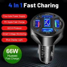 High-speed 4-in-1 car charger with USB, PD, QC3.0, and LED display for efficient charging. Compatible with Huawei, Apple, and other devices, featuring smart voltage monitoring and fast charging technology.