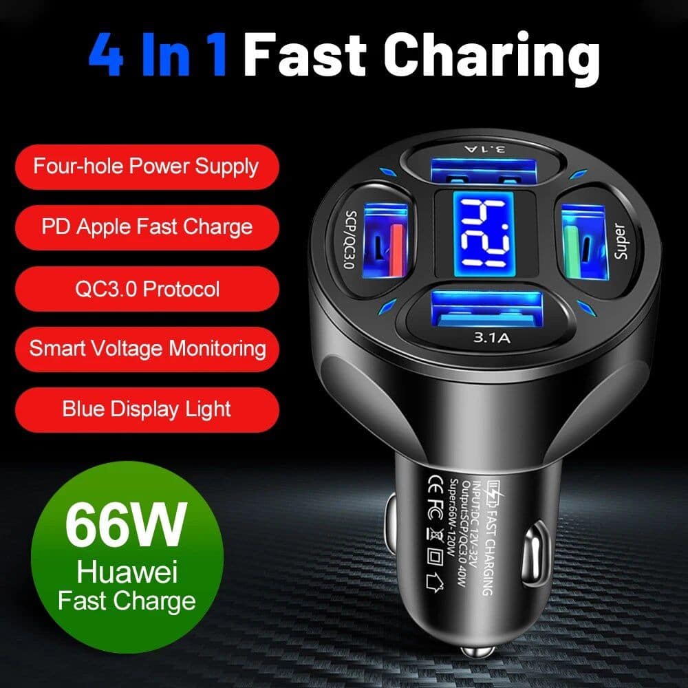 High-speed 4-in-1 car charger with USB, PD, QC3.0, and LED display for efficient charging. Compatible with Huawei, Apple, and other devices, featuring smart voltage monitoring and fast charging technology.