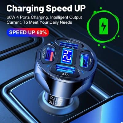 High-quality car charger with multiple ports, fast charging, and intelligent output at Monalisa Store, optimized for electronic devices.