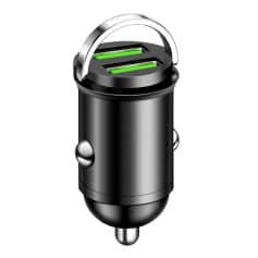High-speed dual USB car charger with green LED indicators for fast device charging, compatible with smartphones, tablets, and other electronics, ideal for use during travel.