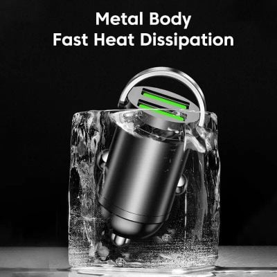 High-quality car charger with a durable metal body designed for fast heat dissipation and safety. Perfect for quick charging of devices with stability and efficiency.