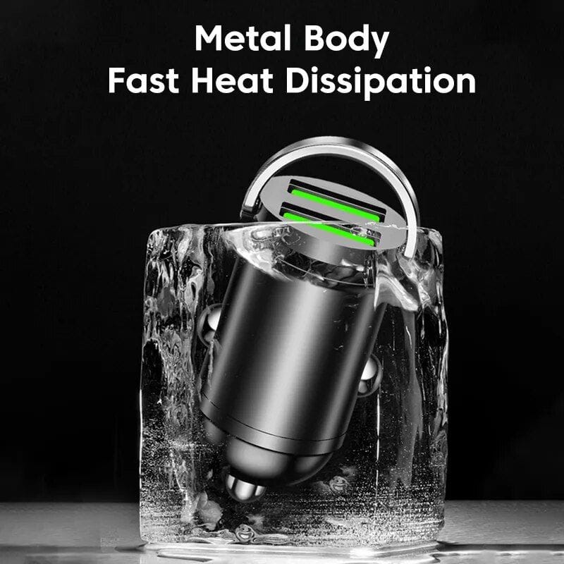 High-quality car charger with a durable metal body designed for fast heat dissipation and safety. Perfect for quick charging of devices with stability and efficiency.