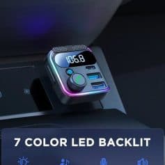 Wireless car FM transmitter with LED display, dual USB ports, and built-in microphone for hands-free calls. Compatible with smartphones for music streaming and charging.