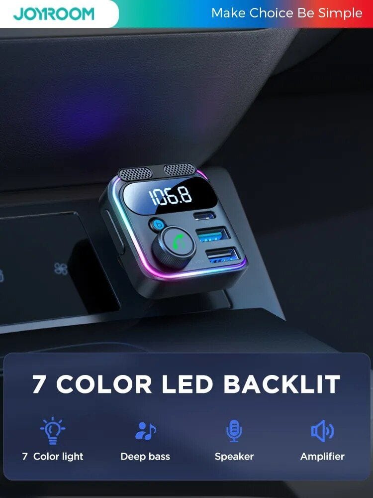 Wireless car FM transmitter with LED display, dual USB ports, and built-in microphone for hands-free calls. Compatible with smartphones for music streaming and charging.