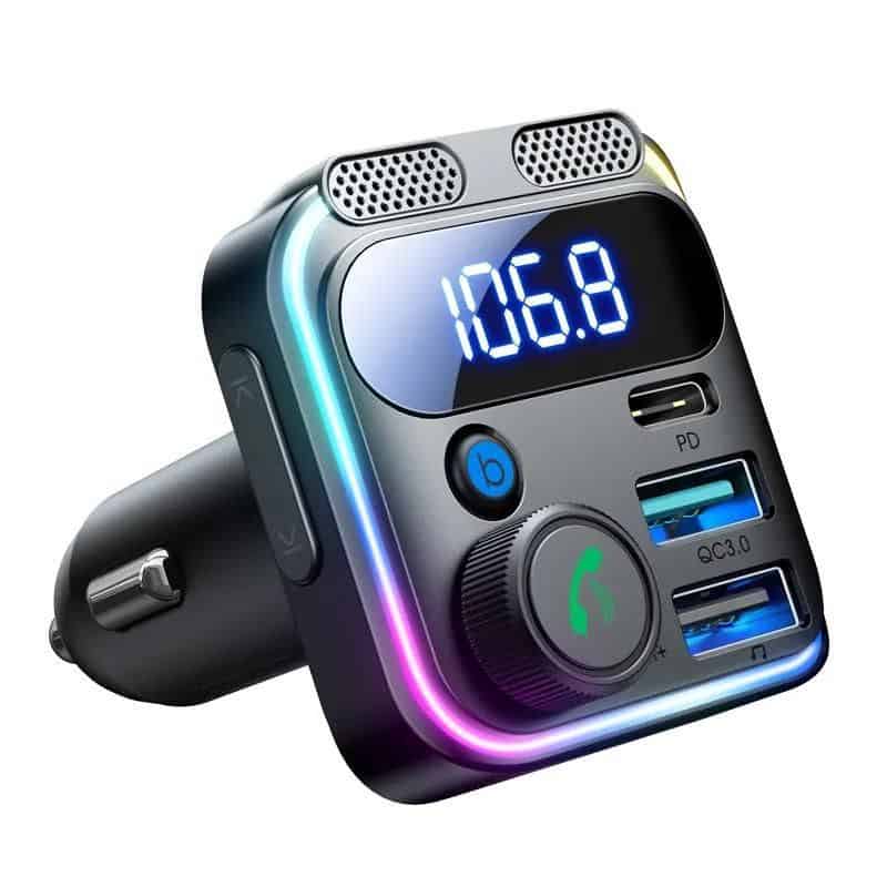 High-quality Bluetooth FM transmitter with digital display, USB charging ports, and hands-free calling, perfect for car audio and vehicle accessories.